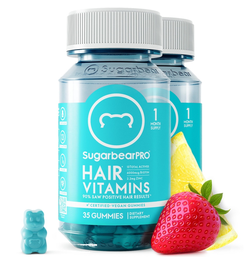 Zucchero Capelli Vitamina Gummy 2 mesi Alimentazione Extra Forza Biotina 6000mcg, Crescita per Uomini & Donne, Vegan Vitamin B12, MSM, Inositol, Omega 3, Elderberry, Certificata Kosher, Halal, Cruelty-Free