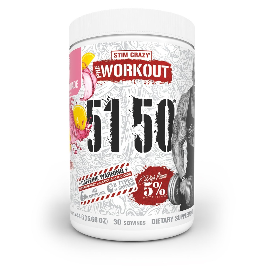 5% Nutrition Rich Piana 5150 High Stim Pre-Workout Powder | Extreme Energy, Focus, Pumps & Endurance | 400 mg Caffeina, Citrulline, Beta Alanine, N-Acetyl L-Tyrosine | 30 Srvgs (Pink Lemonade)