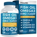 4-in-1 Fish Oil Omega 3 Fatty Supplements (2100mg) - Omega 3 Fish Oil con vitamine D3 K2 e CoQ10 - Limone aromatizzato (120 softgels)