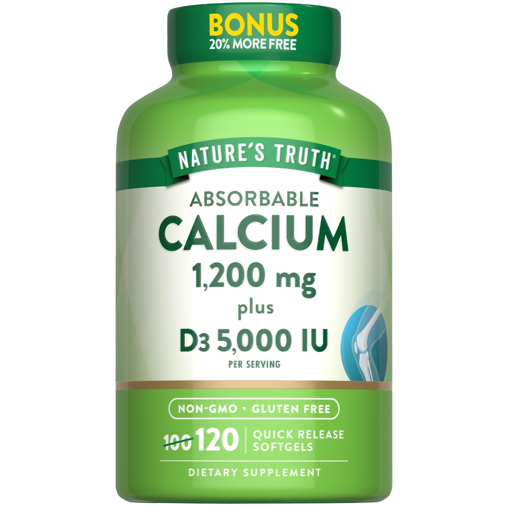 Calcium assorbibile della natura 1200 mg con vitamina D3 5000 IU | 120 Softgels | Carbonato di calcio | Non OGM & Gluten Supplemento gratuito