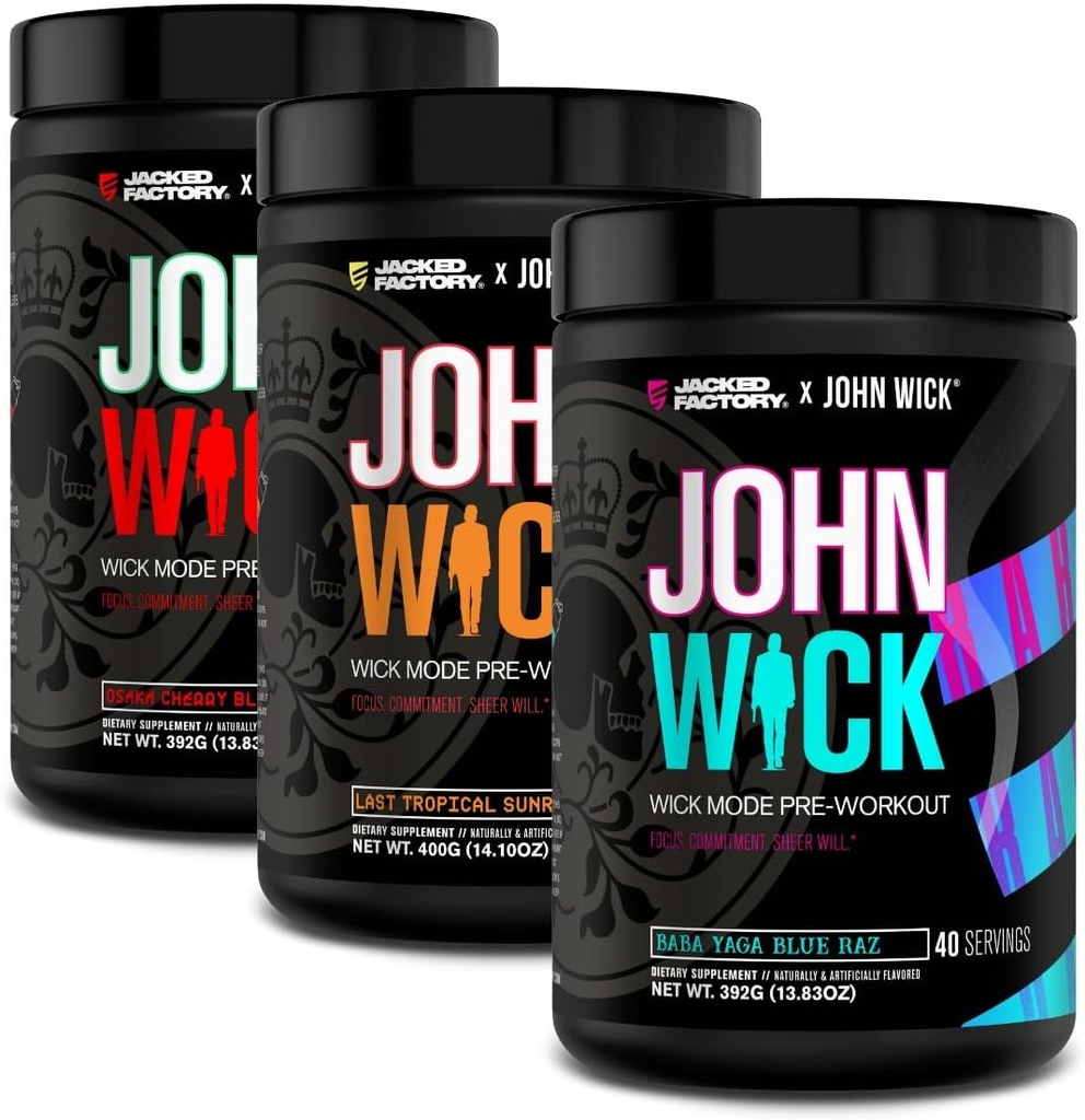Jacked Factory X John Wick - Wick Mode Pre Workout Powder - Intense Energy, Battle-Ready Focus, Unstoppable Commitment e Sheer Will - 120 Serve (3-Pack)