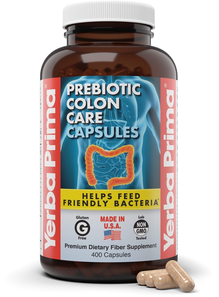 Yerba Prima Prebiotici Colon Care Capsule, 400 Caps - Cinque Forme di Fibra Plus FOS Pre-biotici - Integratore Dietetico Sanitario - Fibre Solubili e Insolubili per Regolarità e Supporto Digestivo