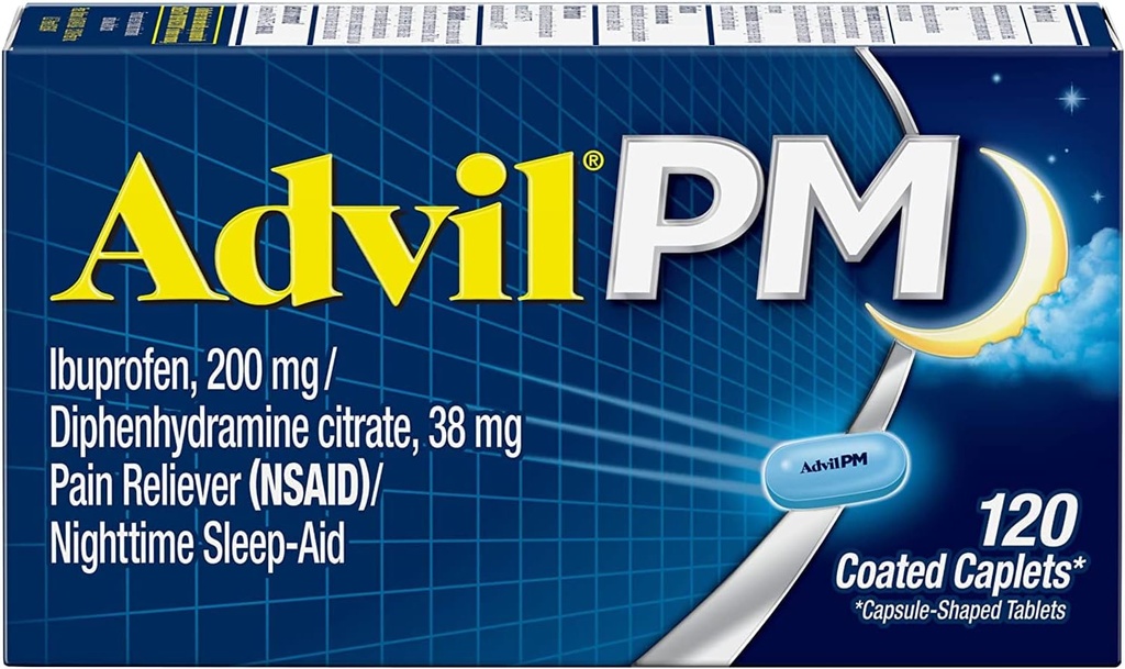 Advil PM (120 conte) dolore Reliever/Nighttime Sleep Aid Coated Caplet, 200mg Ibuprofen, 38mg Diphenhydramine (Pack of 2)