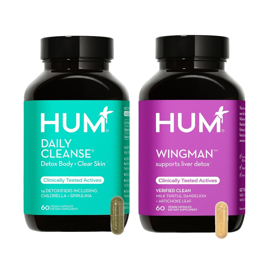 HUM Full Skin e Liver Health Supplemento da Nutrizione, Wingman e Daily Cleanse A Green Detox & Milk Thistle for Skin Care Support and Liver Health, 2 Pack Bundle, 60 Vegan Capsule