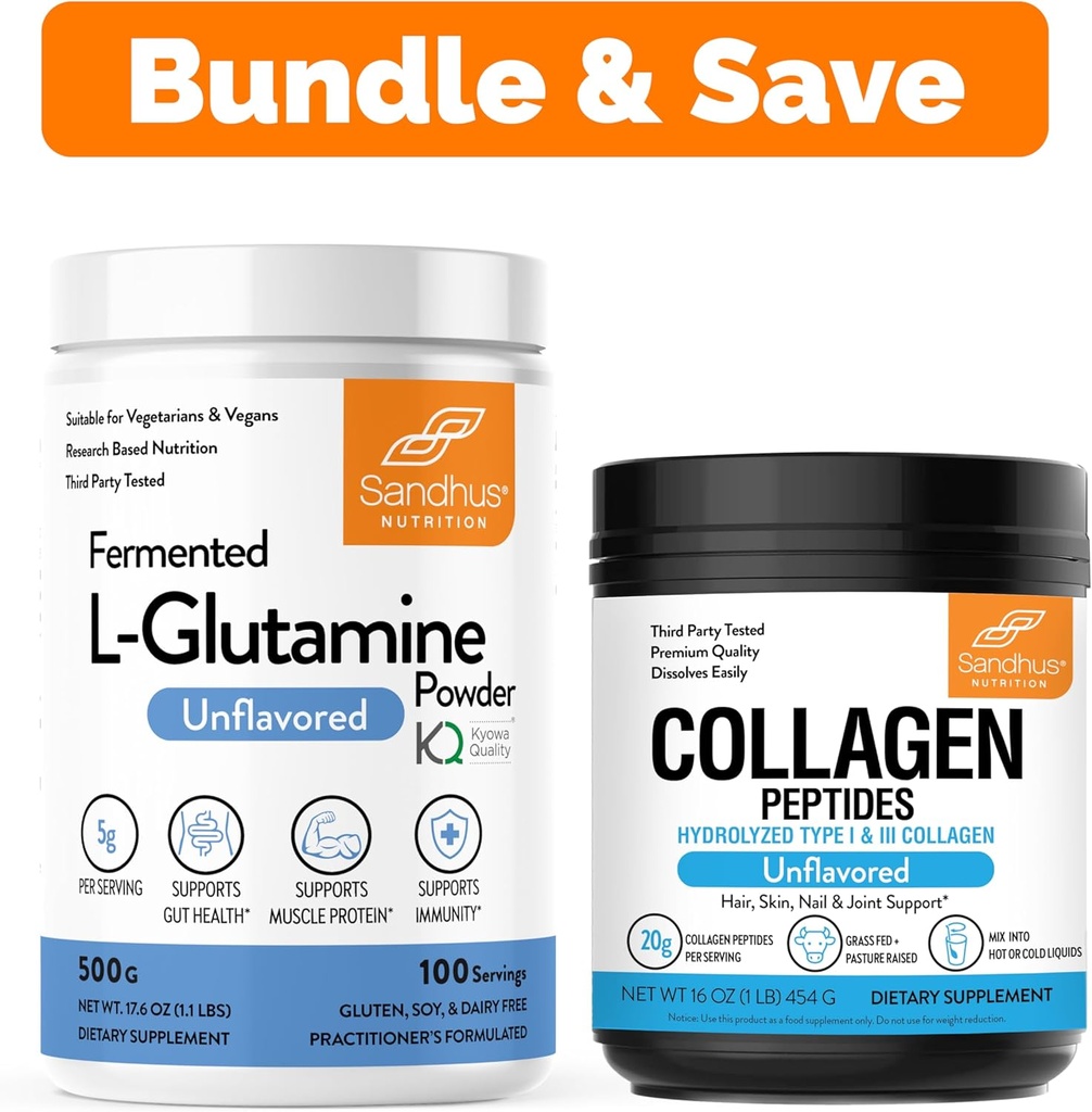 L-Glutamina di Sandhu polvere 100 Servings, 500g, 17.6 Oz., Grande dimensione, 3 mesi di alimentazione e collagene Peptides polvere | Supporta muscolo, Gut Health, pelle giovanile, capelli, unghie e mobilità