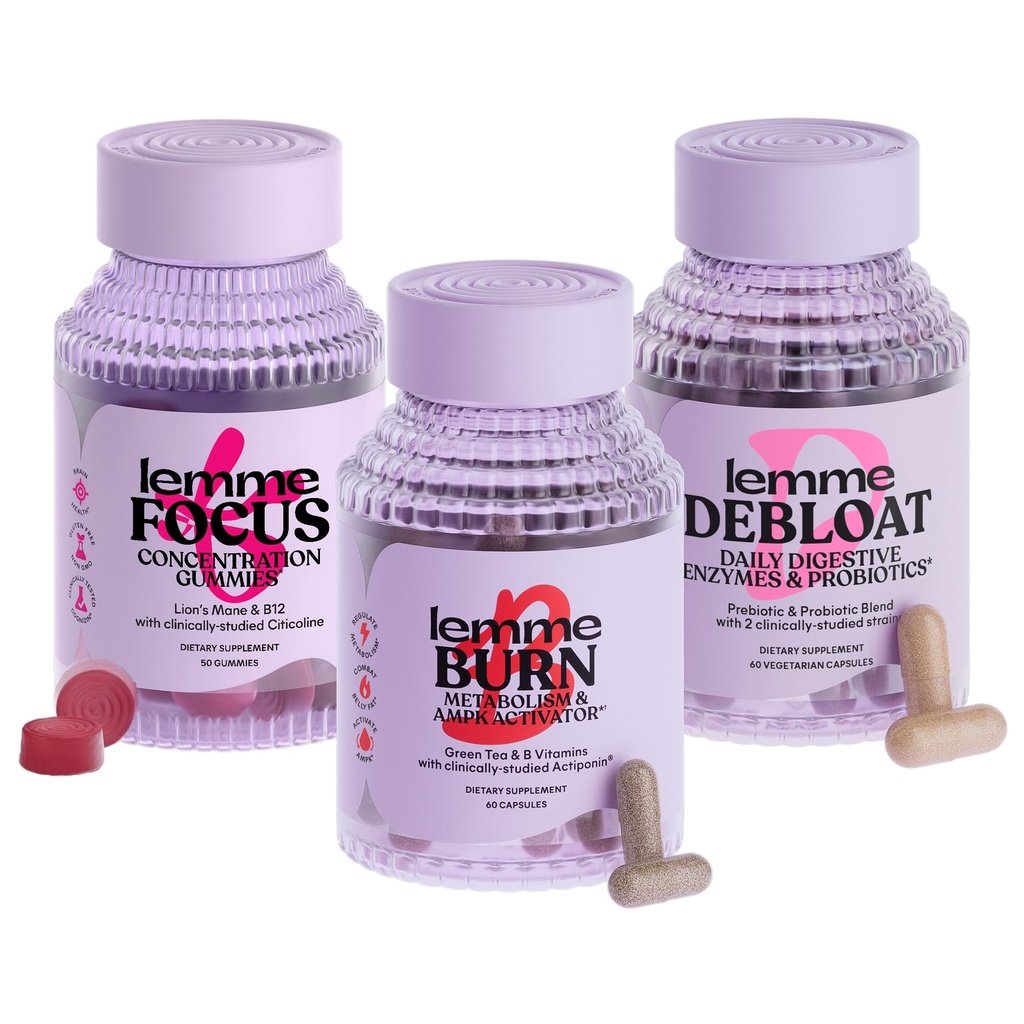 Lemme Burn, Debloat & Focus Bundle | Metabolismo & Fat Burning + Bloating & Gas Relief Capsule + Focus & Brain Health Gummies | Gluten-Free, Non-GMO | 60 Count Capsules & 50 Count Gummies