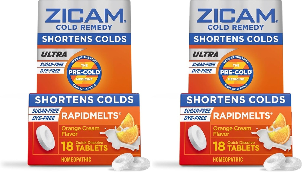 Zicam Ultra Cold Remedy Zinc Rapidmelts, Crema Arancio Flavor, Omeopatico, Medicina di accorciamento a freddo, abbrevia la durata del freddo, senza zucchero, senza die-Free, conta 18 (pacchetto di 2)