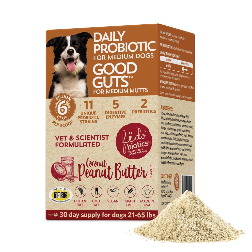 Fidobiotici Buoni Guts per Mutts Medi Probiotici per Cani, 6 miliardi di CFU, 11 Strains, 5 Enzimi Digestivi, 2 Prebiotici, Salute Digestiva Gut per Cani, Adulti & cucciolo Probiotici Supplementi (30 giorni)