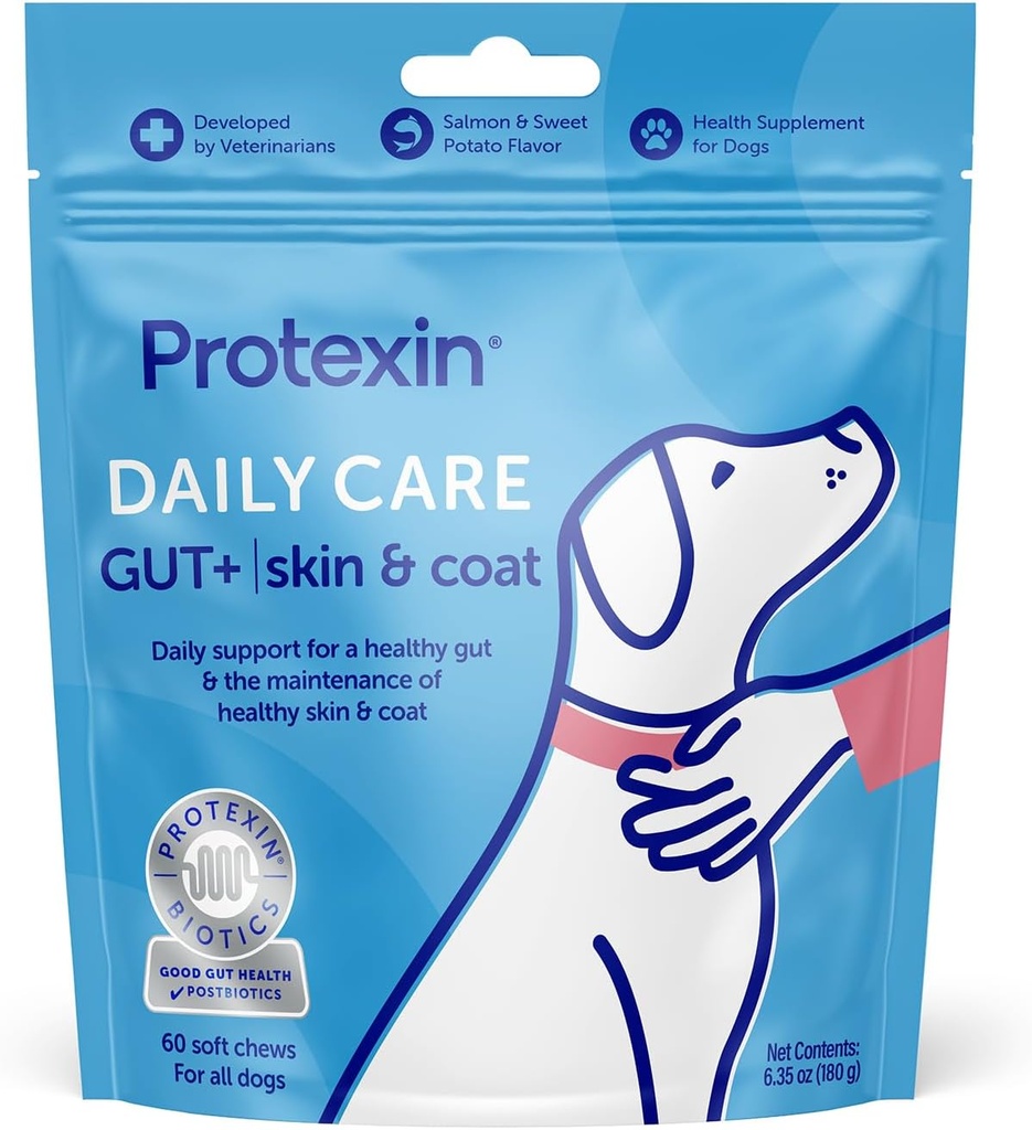Protexin Daily Care Gut+ Skin & Coat | 60 Dog Chews, Salmone e Sweet Potato Flavor Dog Supplement | Probiotici per cani, Dog Postbiotics