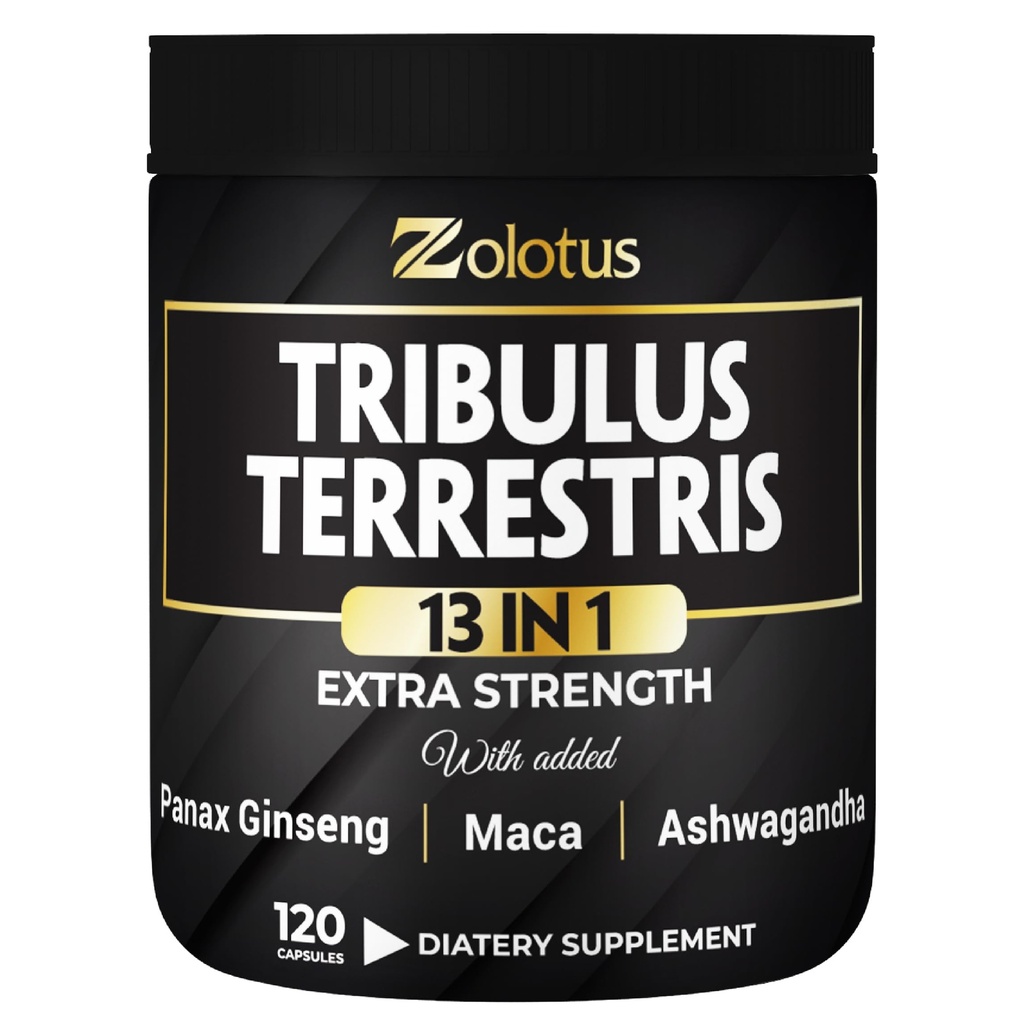 Zolotus 13in1 Tribulus Terrestris Capsule con Maca, Horny Goat Weed, Panax Ginseng, Saw Palmetto, Tongkat Ali, Shilajit & More - Energy, Stamina Supplemento per Uomo & Donne - 120 Conti
