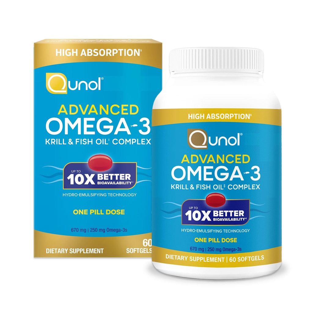 Qunol Advanced Omega 3 Krill e Fish Oil Complex, 10x Better Bioavailability, One Pill Dose, 250mg EPA & DHA, Supporti cervello, occhio, cuore e salute comune, 60 conteggio (Pack of 1)