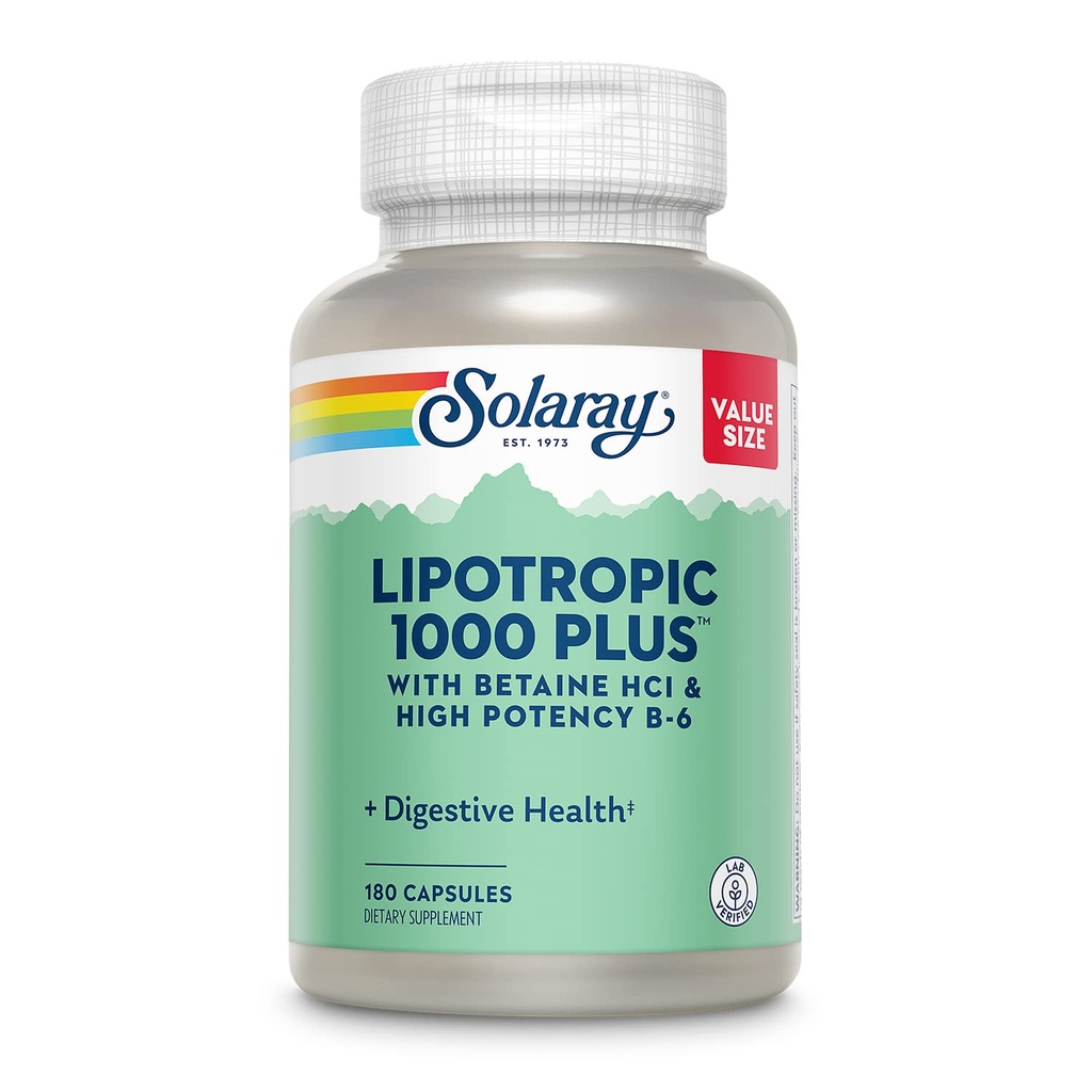 SOLARAY Lipotropic 1000 Plus con Betaine HCl & High Potency B-6, Digestione sana, Energia e Fat Metabolismo Supporto, Lipotropic Complex Plus Aloe Vera, 60 giorni di garanzia, 30 Serve, 180 capsule