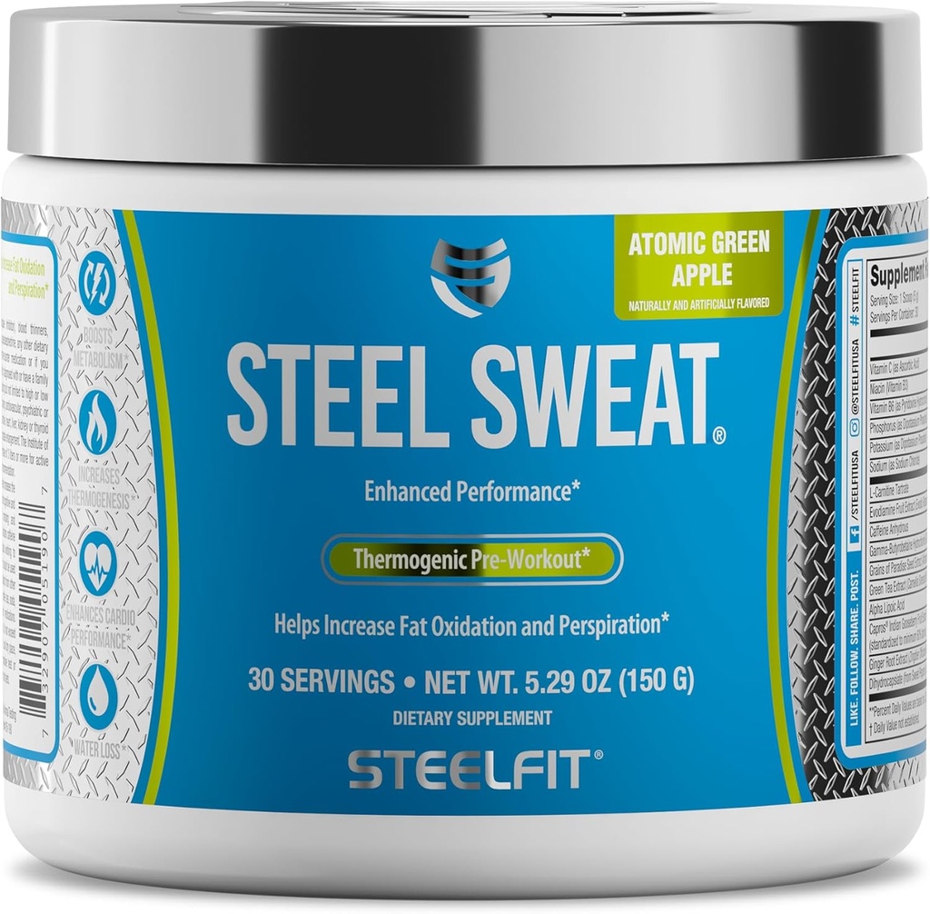 SteelFit Steel Sweat Fat-Burning Pre Workout | Migliora il metabolismo, aumenta l'energia, brucia grassi e calorie | Mela verde, 30 Serve