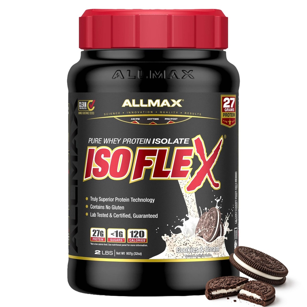 ALLMAX Nutrition ISOFLEX Isolato di proteine del siero, Cookies & Cream - 2 lb - 27 grammi di proteine per Scoop - Zero Fat & Sugar - 99% Lattosio Libero - Gluten Free & Soy Free - Circa 30 Serve