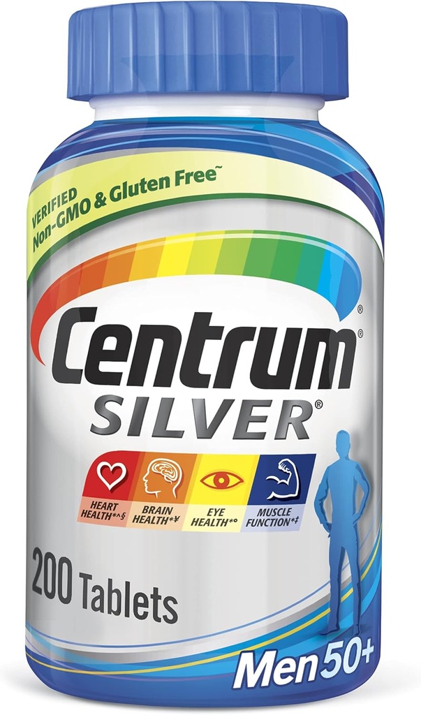 Centrum Silver Multivitamin per Men 50 Plus, Multivitamin/Multimineral Supplemento con Vitamina D3, B Vitamine e Zinco, Senza Glutine, Ingredienti Non OGM - 200 Conte