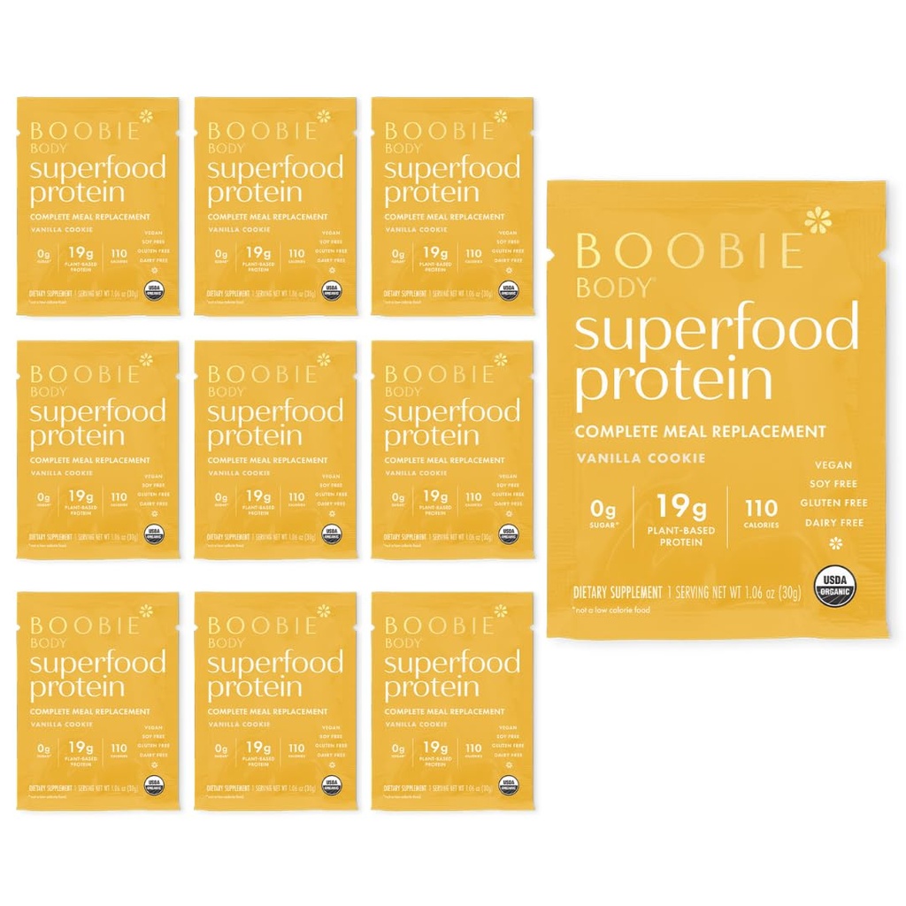 Boobie Corpo Superfood Protein Shake per Mamme, Gravidanza e Lattazione Sostegno Polvere proteica per aumentare la fornitura di latte, Probiotici, Organico, Latticini-Free, Gluten-Free Vegan Vanilla Cookie Single Srv 10pk