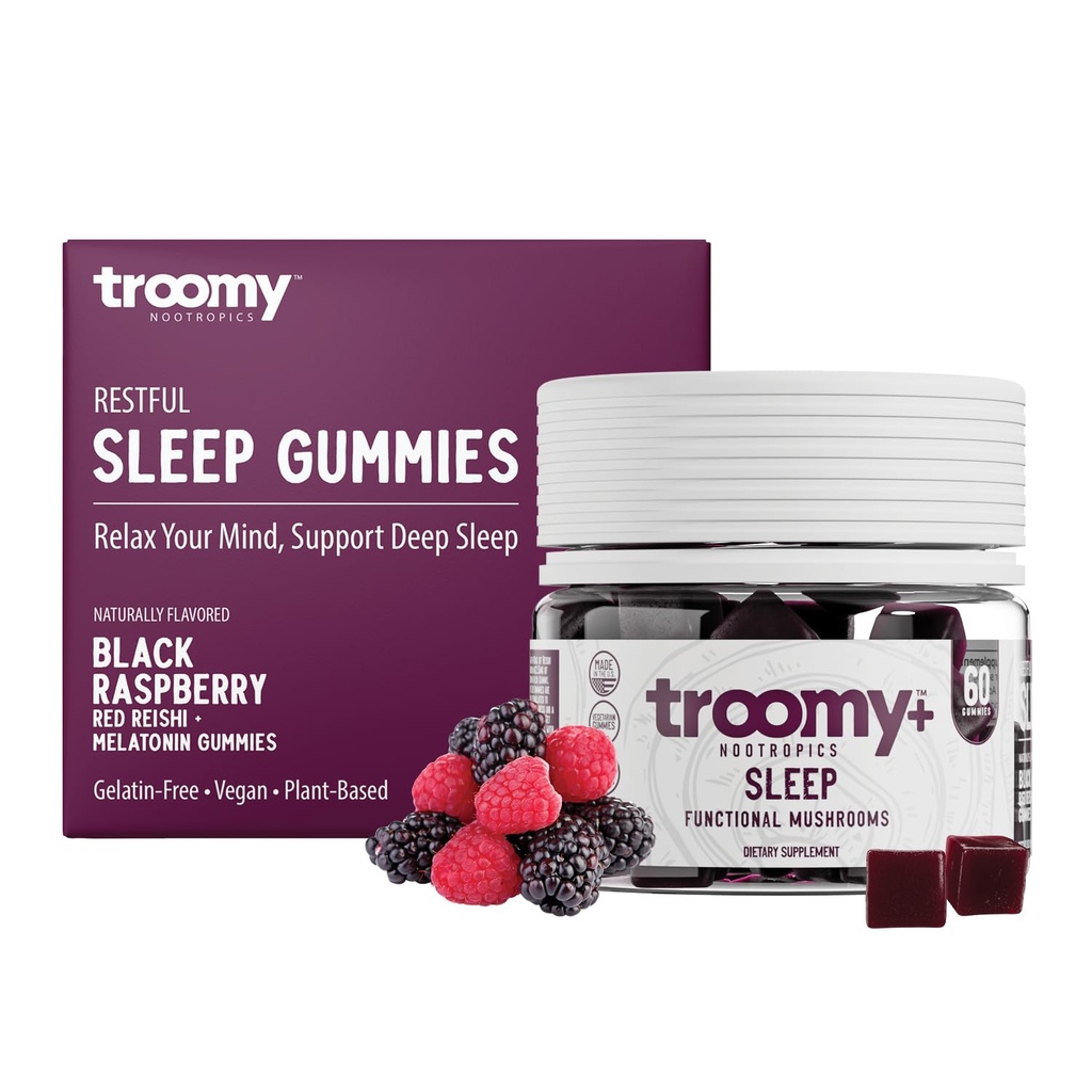 Troomy Sleep Reishi + Melatonin Gummies Mushroom - Supporta il sonno riposante & Decrease in Stress - Black Raspberry - 60 Conte