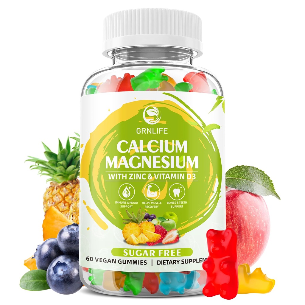 Supplemento di zinco di magnesio di calcio con vitamina D3, Gummie di calcio senza zucchero per gli uomini delle donne, Gummie di magnesio ad alta potenza per la salute del muscolo e del muscolo e immunitario, aromi misti - 60 conte