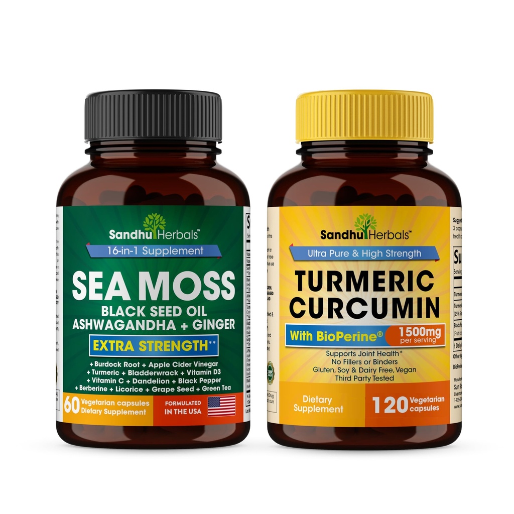 Sandhu Herbals Seamoss & Curcumina Turmerica con Bioperine Capsule | Supporta Immune, Digestivo, Cognitivo, Skin & Hair Health