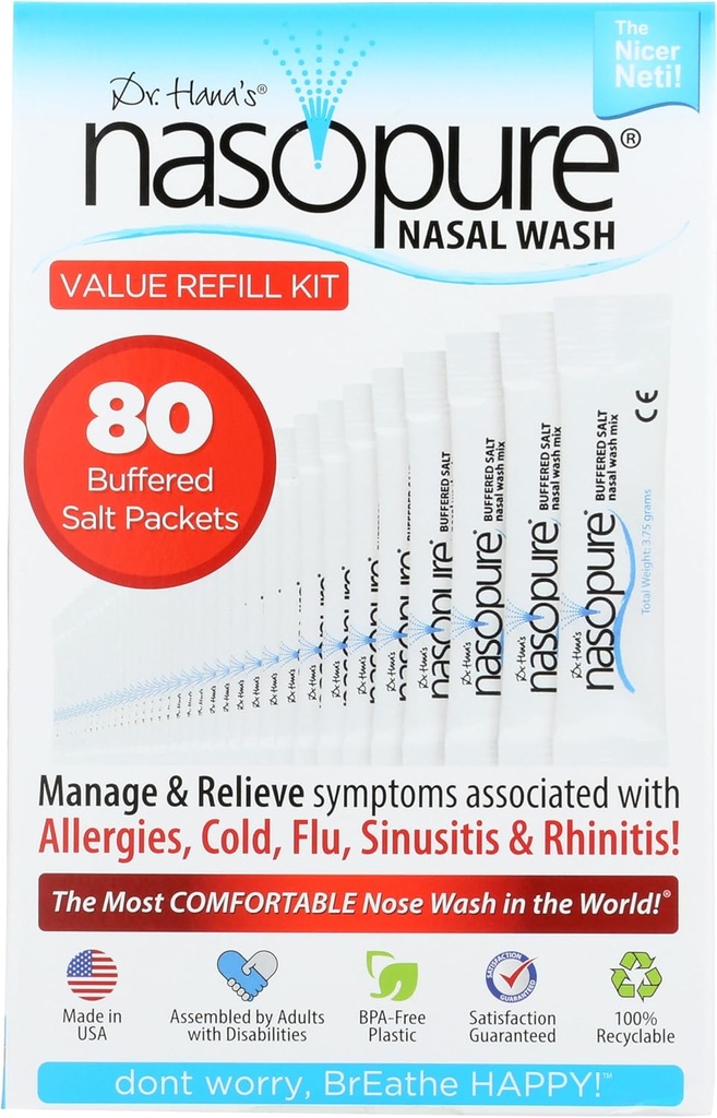 Nasopure Nasal Wash, Value Refill Kit, “The Nicer Neti Pot” Sinus Wash Kit, Comodi Nasal Rinse 80 Salt Packets (3.75 Grammi ciascuno), Congestione nasale, Freddo, Flu, Allergia, Nasal Irrigation System