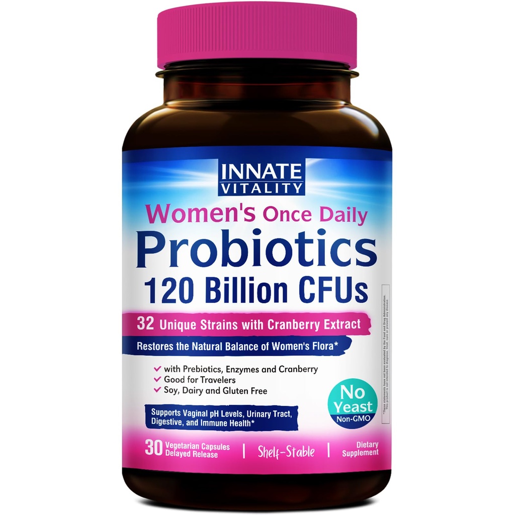 Probiotici di vitalità innata, 120 miliardi di CFU, 32 Strains testati, Probiotici per le donne, Controllo del lievito, Supporto del pH vaginale, Prebiotici, Enzimi digestivi, Mirtillo, Una volta Daily 30 capsule vegetali