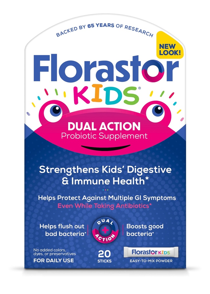 Florastor Kids Doppio Azione Probiotico Supplemento, Rafforza la salute digestiva e immunitaria dei bambini, 20 Bastoncini di polvere facili da miscelare, Imballaggio Vary May