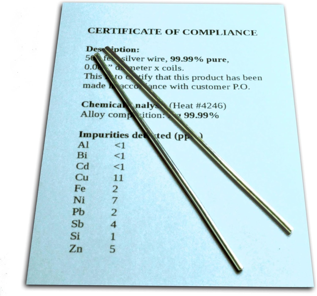 Cavo di Generatore d'Argento Colloidale Garantito 99,99% Pure - Set di (2) 4" Rod Electrode 12-Gauge (0.08 in. / 2.06 mm) con Certificato di Compliance/Completa Analisi Chimica di Composizione Lega