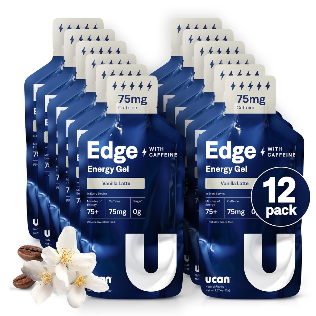 UCAN Edge Energy Gel Shots, Vanilla Latte + Caffeina (12, 2 Ounce Packets) per la corsa, Allenamento, Allenamento, Fitness, Ciclismo, Crossfit | Sugar-Free, Vegan, & Keto Friendly Energy