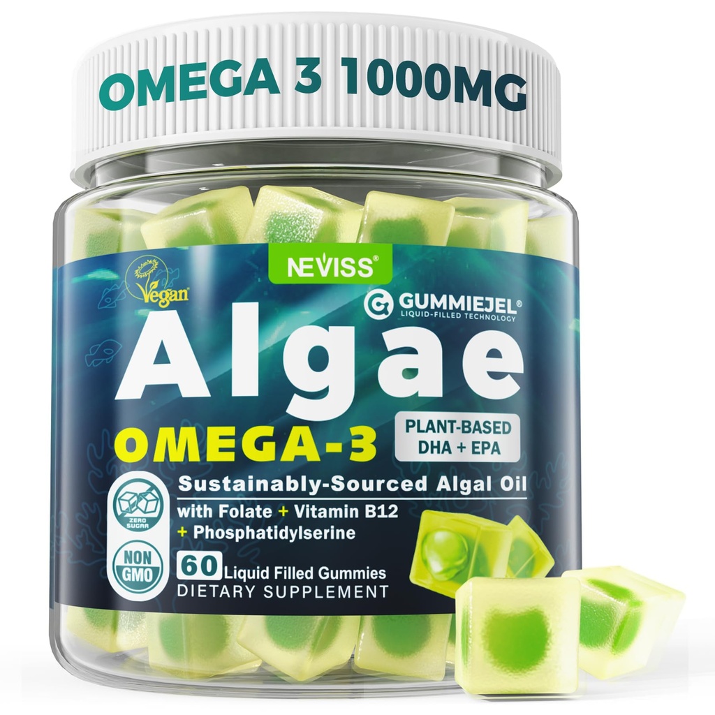 Vegan Omega-3 Gummies per adulti, alternativa di olio di pesce da olio di alghe, pianta a base di DHA 460mg & EPA 230mg Plus MethylFolate, vitamina B12, fosfatidilserine, nessun gusto pesce, vegano, zucchero libero, 60 Cts