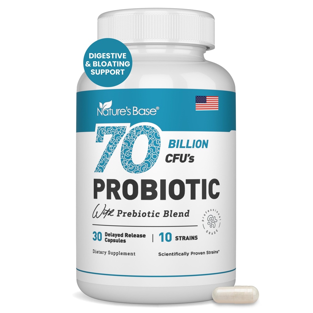 Probiotici di base della natura 70 miliardi di CFU - 10 Strains Compresi Lactobacillus Plantarum & Lactobacillus Acidophilus Probiotici - Prebiotici per la salute digestiva delle donne & uomini - 30 capsule