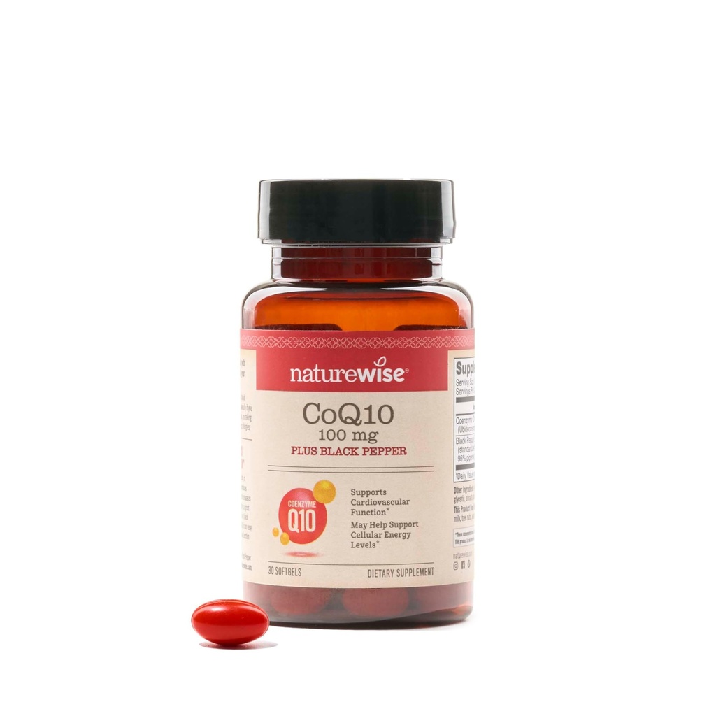 NatureWise CoQ10 100mg + Black Pepper Softgels - Coenzima ad alto assorbimento Q10 + Pepe Nero - Antiossidante per la salute del cuore + Energia cellulare - Vegan, Non-GMO, Gluten-Free - 30 Count[30-Day Supply]