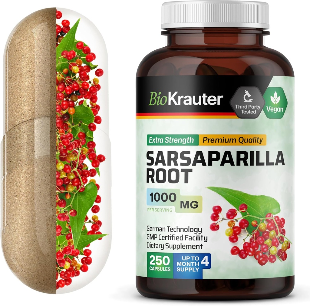 BIO KRAUTER Sarsaparilla Root Capsule - 1000 mg di resistenza - 250 Vegan Sarsaparilla Extract Caps - No Fillers
