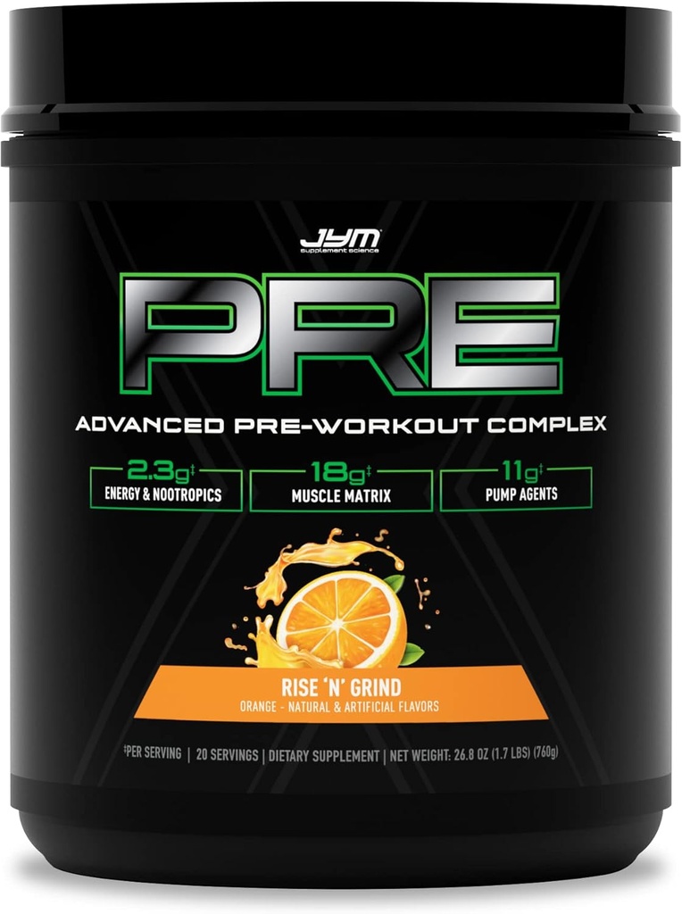 Pre JYM X Rise N' Grind Advanced Pre-Workout Powder Massive Pumps, Citrulline Nitrate, Dynamine, NO3T Betaine, BCAA, Nootropics, Creatina, Beta-Alanine, JYM Supplement Science, 20 Servings