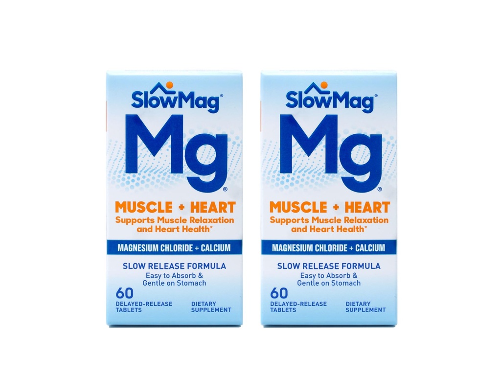 SlowMag MG Muscolo + Cuore Magnesio Cloruro con Calcium Tablets 60 Conte (Pacchetto di 2)
