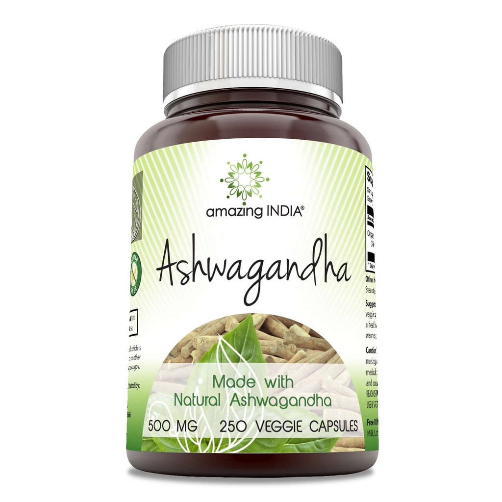 Incredibile India naturale Ashwagandha | 500 Mg Per Serving | Veggie Capsule | Non-GMO | Gluten Free | Made in USA (250)
