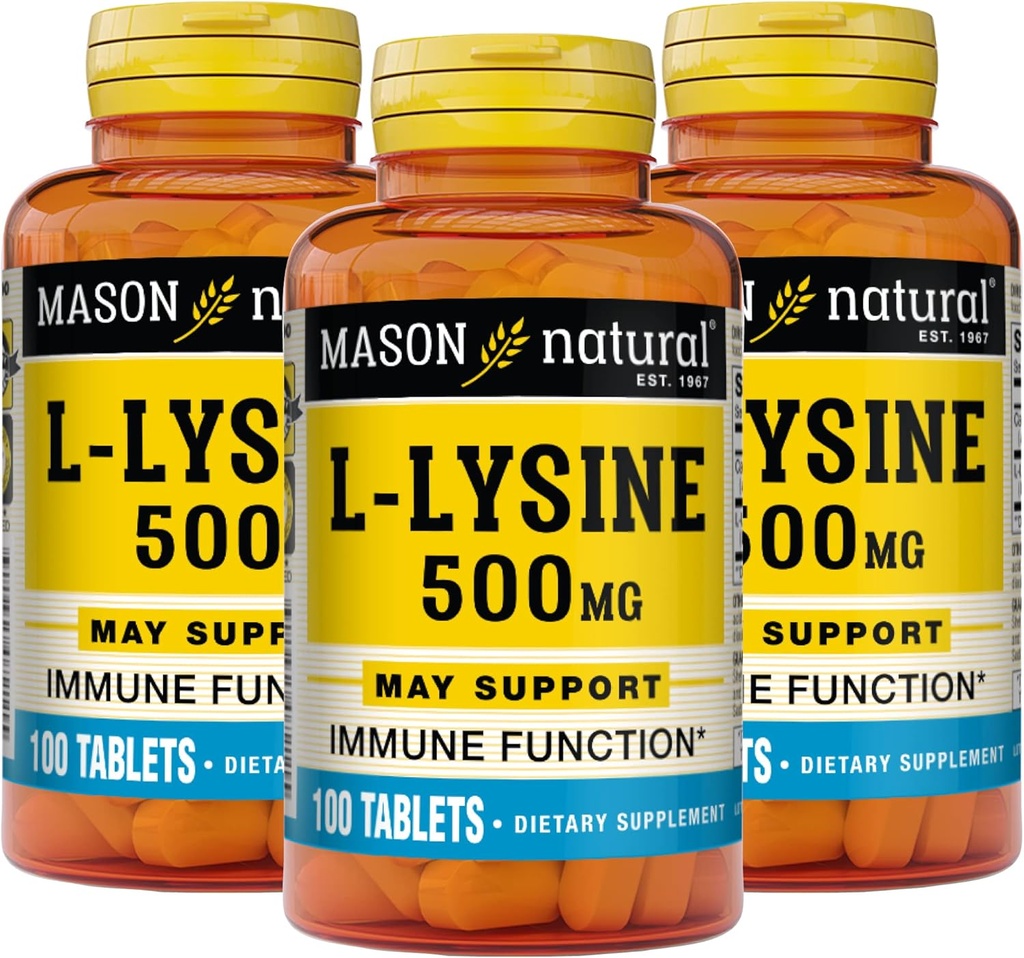 MASON NATURAL L-Lysine 500 mg con calcio - Funzione immunitaria migliorata, assorbimento nutriente potenziato, aminoacido essenziale, 100 compresse (pacchetto di 3)