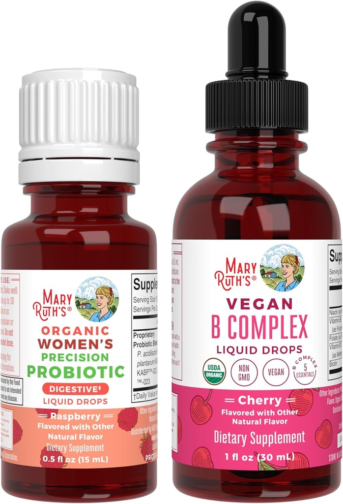 MaryRuth Organics Precision Probiotics for Women (Raspberry) & B Complex Drops (Cherry) | USDA Organic, Clean Label Project Verified® | Vitamine per Gut Health & Immunity | Vegan, Non OGM, Gluten Free
