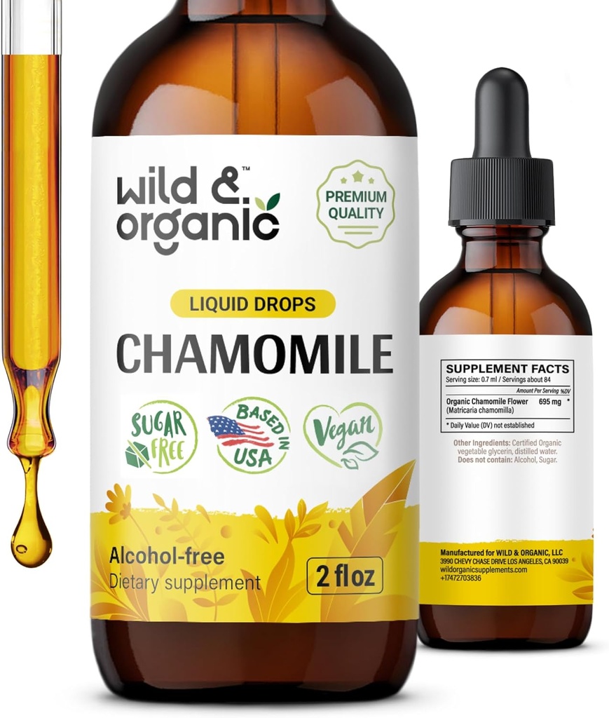Tintura di camomilla selvatica e biologica - Integratore di camomilla rilassante e rilassante - Gocce di estratto di fiore liquido - Vegan, Zucchero & Alcol-Free - 2 fl oz