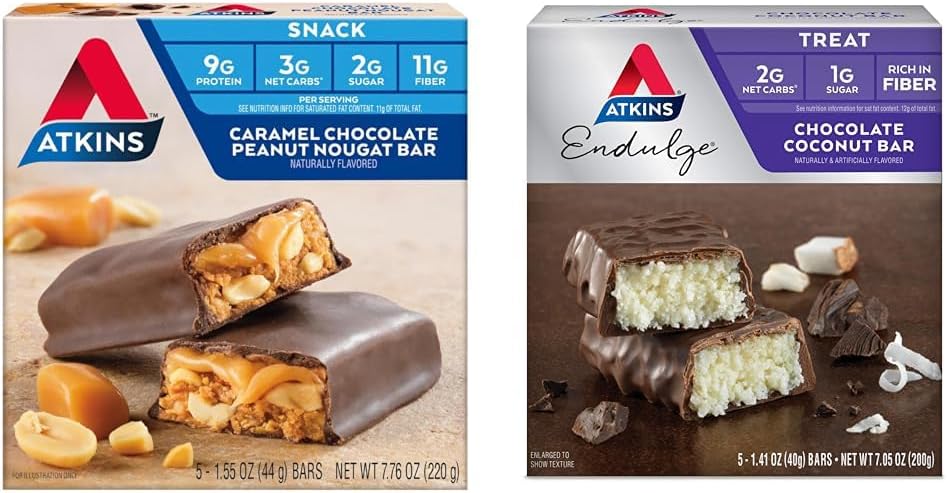 Atkins Caramel Chocolate Peanut Nougat Snack Bar, 5 Conte e cioccolato Coconut Bar, 5 Conte Bundle