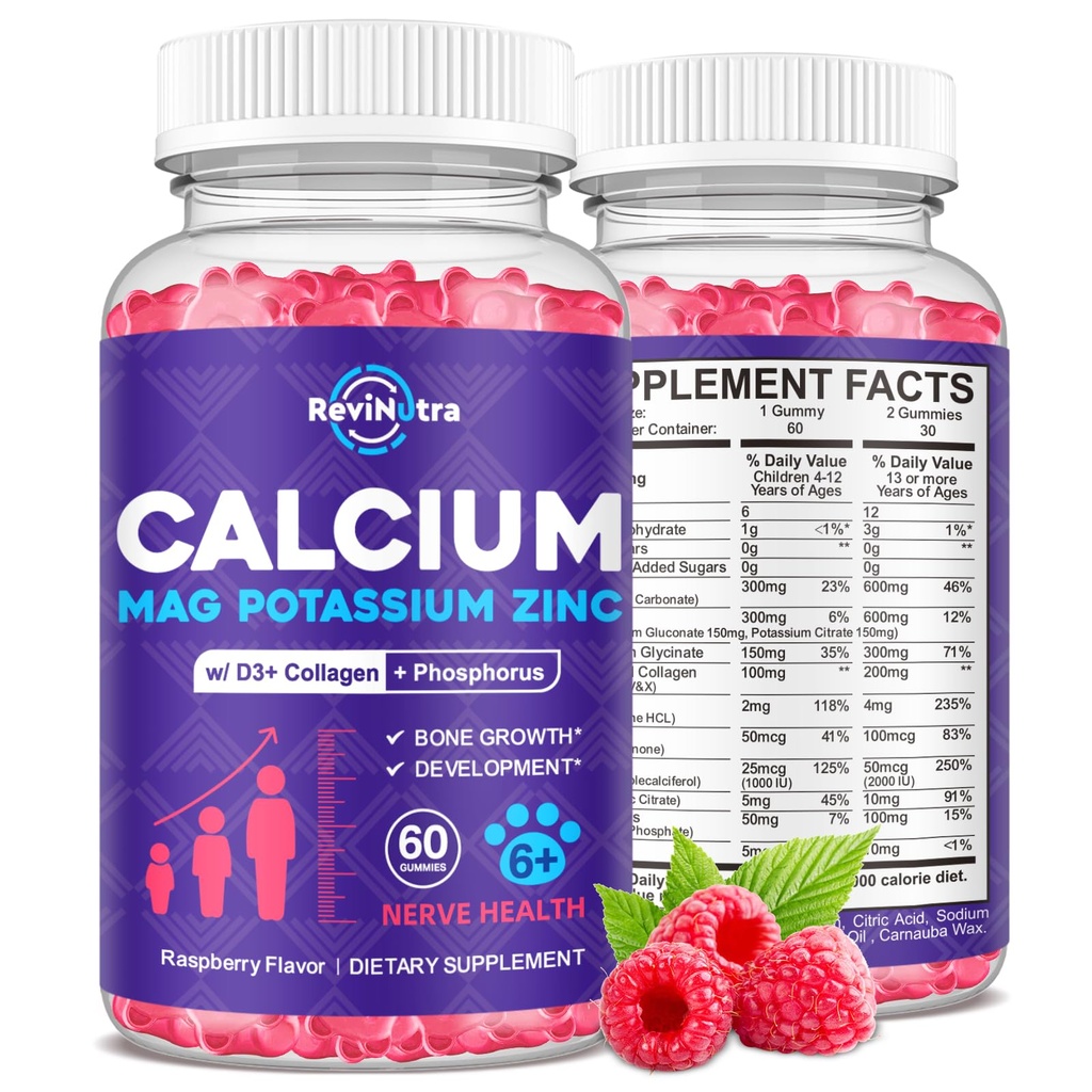 Gummie di magnesio di potassio di calcio per bambini e adulti, con collagene idrolizzato, zinco, fosforo, multivitaminico per il sonno, forza di ossa, supporto di densità, senza zucchero, raschia 60 Gummies