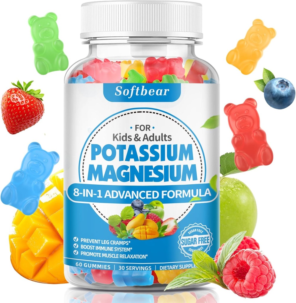 Softbear Potassium Gummies per adulti, Alto assorbimento Potassio Magnesio Supplemento con vitamina B6 CoQ10 per Gambe &amp; Muscolo Salute Vegan senza zucchero Frutta mista Gummies 60