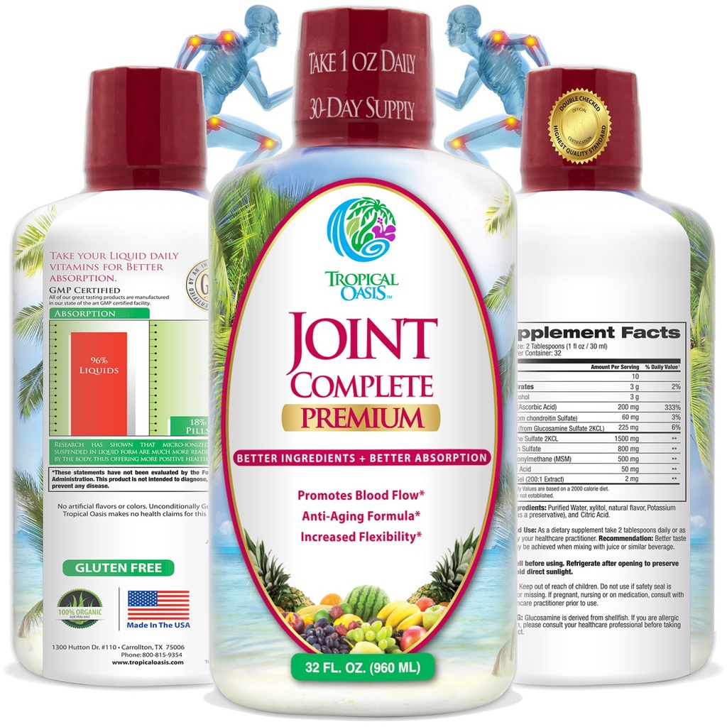Completo di Oasi Tropicale - Supplemento congiunto liquido con Solfato di Glucosamina Liquido, Condroitina, MSM & Acido Ialuronico - 96% Assorbimento massimo – 32oz, 32 serv, 33484