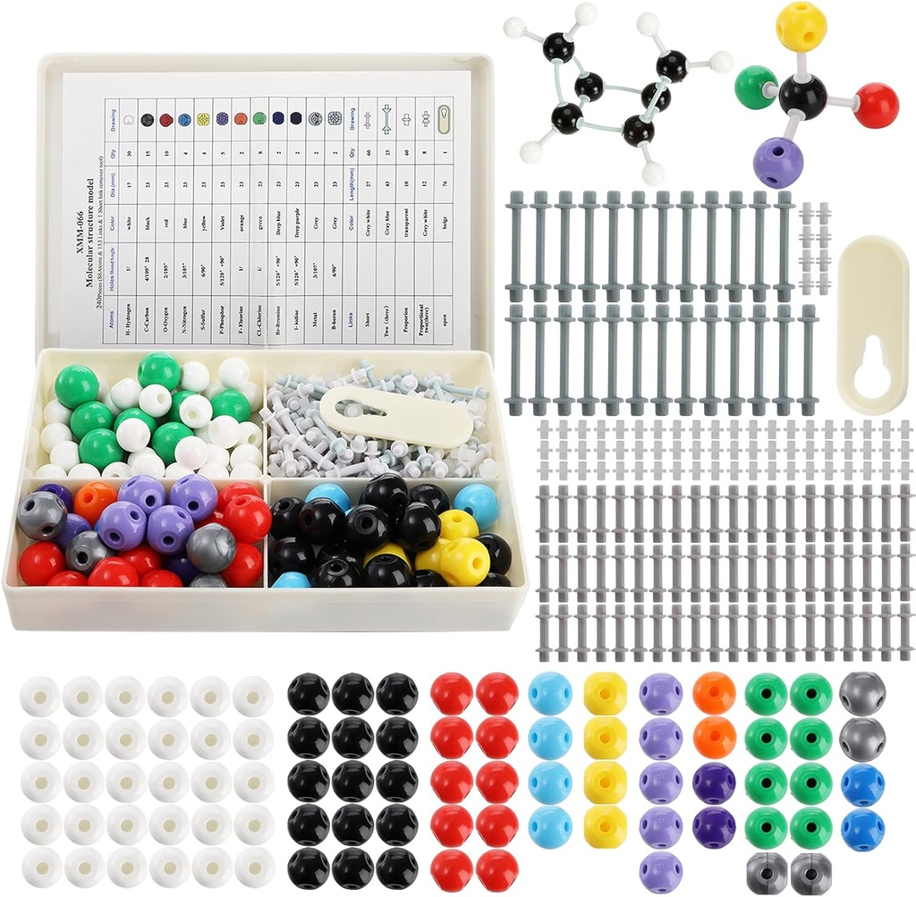 YOPAY 240 Pezzi Modello molecolare Kit, Chimica Organica e Inorganica Modello di struttura molecolare, 86 Atomi e 153 Link e 1 Short Link Remover Tool