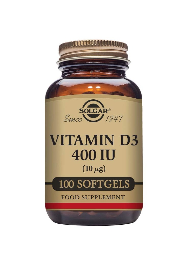 Solgar Vitamin D3 (Cholecalciferol) 10 MCG (400 UI), 100 Softgels - Aiuta a mantenere le ossa e i denti - Supporto di sistema immunitario - Non OGM, Senza glutine, Latticini Free - 100 Serve