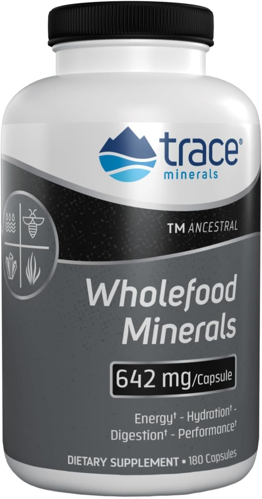 Trace Minerals Wholefood Minerals - Body & Brain Health Support Supplement - Food Health Supplement with Wildflower Bee Pollen & Atlantic Kelp - Aids Nerve Function & Digestive Health - 180 Capsule