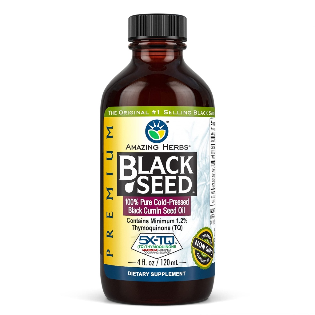 Amazing Herbs Premium Black Seed Oil - Gluten Free, Non OGM, Cold Pressed Nigella Sativa Aids in Digestive Health, Supporto immunitario, Funzione cerebrale - 4 Fl Oz