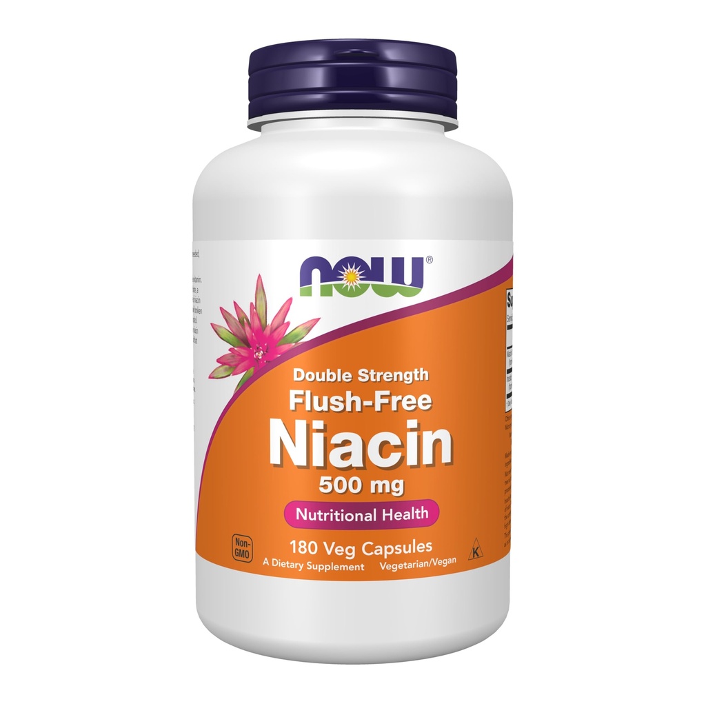 NOW Integratori alimentari, Niacina (Vitamina B-3) 500 mg, Senza liquidi, Doppia resistenza, Salute nutrizionale, 180 capsule di veg