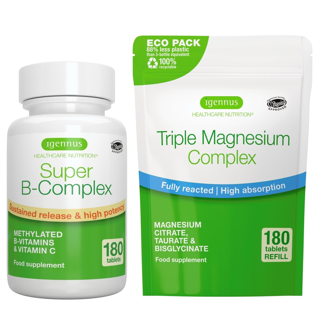 Super B-Complex 180 compresse + Triple Magnesium Complex 180 compresse Vegan Bundle, Methylated Sustained Release B Complex + High Absorption Magnesium Glycinate, Taurate & Citrate, di Igennus