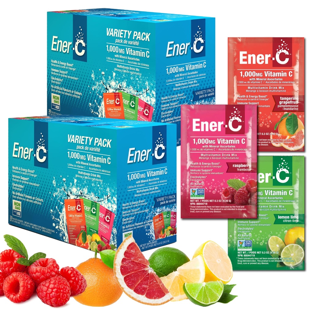 Ener-C Multivitamin Drink Mix - Confezioni di vitamina per acqua, Pacchetti di polvere di elettroliti, Miscela di bevanda di vitamina, Miscela liquida di idratazione, Booster immunitario per adulti, Energia sana - Varietà Pack, 60 Contenitori