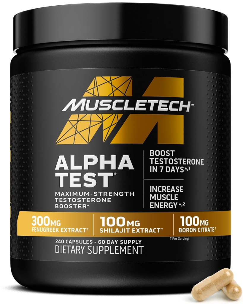 MuscleTech Testosterone Booster per gli uomini, AlphaTest - T-Boost Mens Supplemento con Tribulus Terrestris & Boron - Daily Male Gym Supplementi di allenamento per la crescita muscolare, Stamina & Energy - 240 pillole